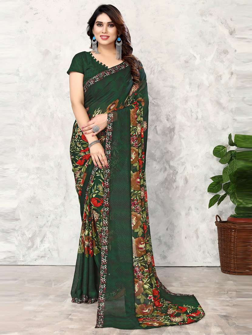 women green floral printed saree with blouse