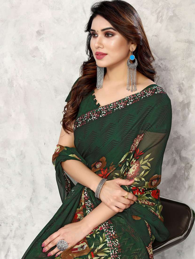 Women Green Floral Printed Saree With Blouse - 20874080 -  Standard Image - 3