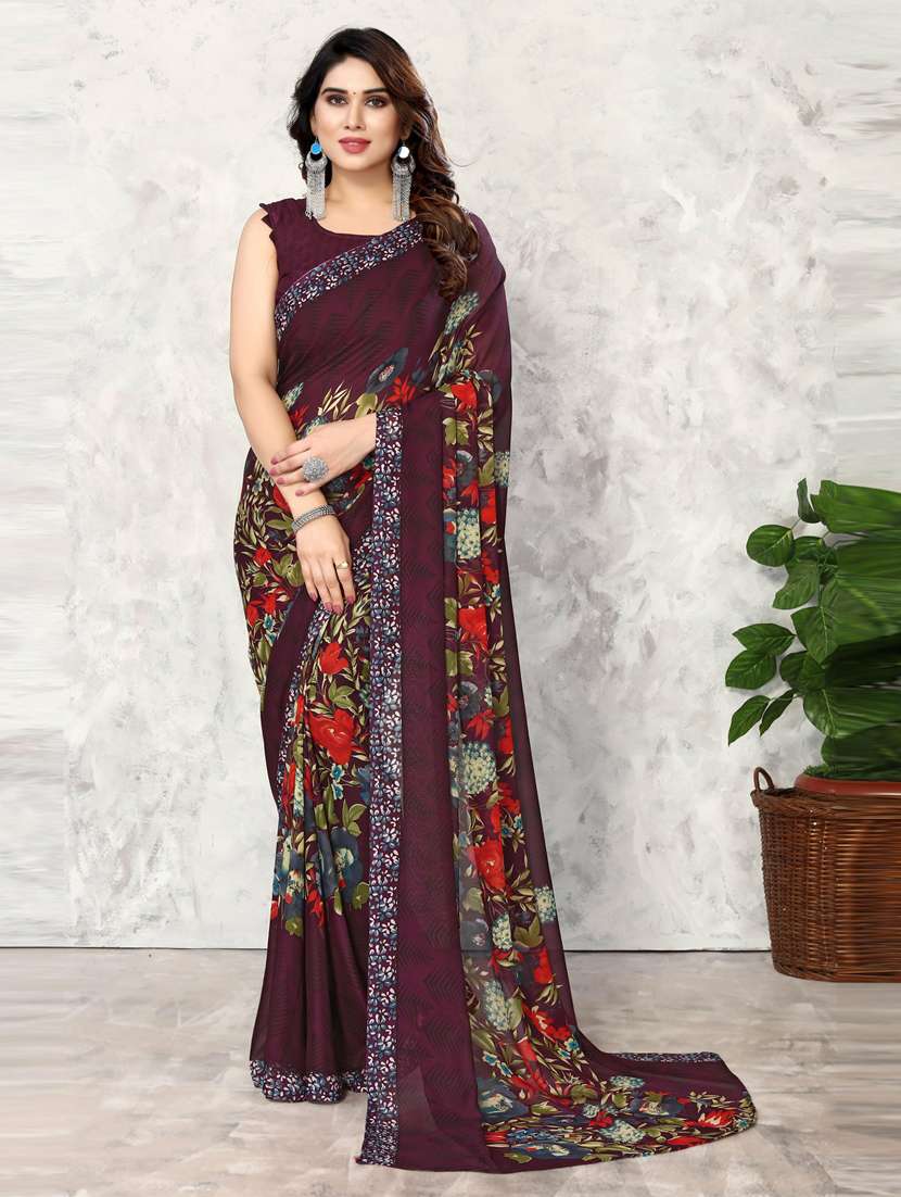 women purple floral printed saree with blouse