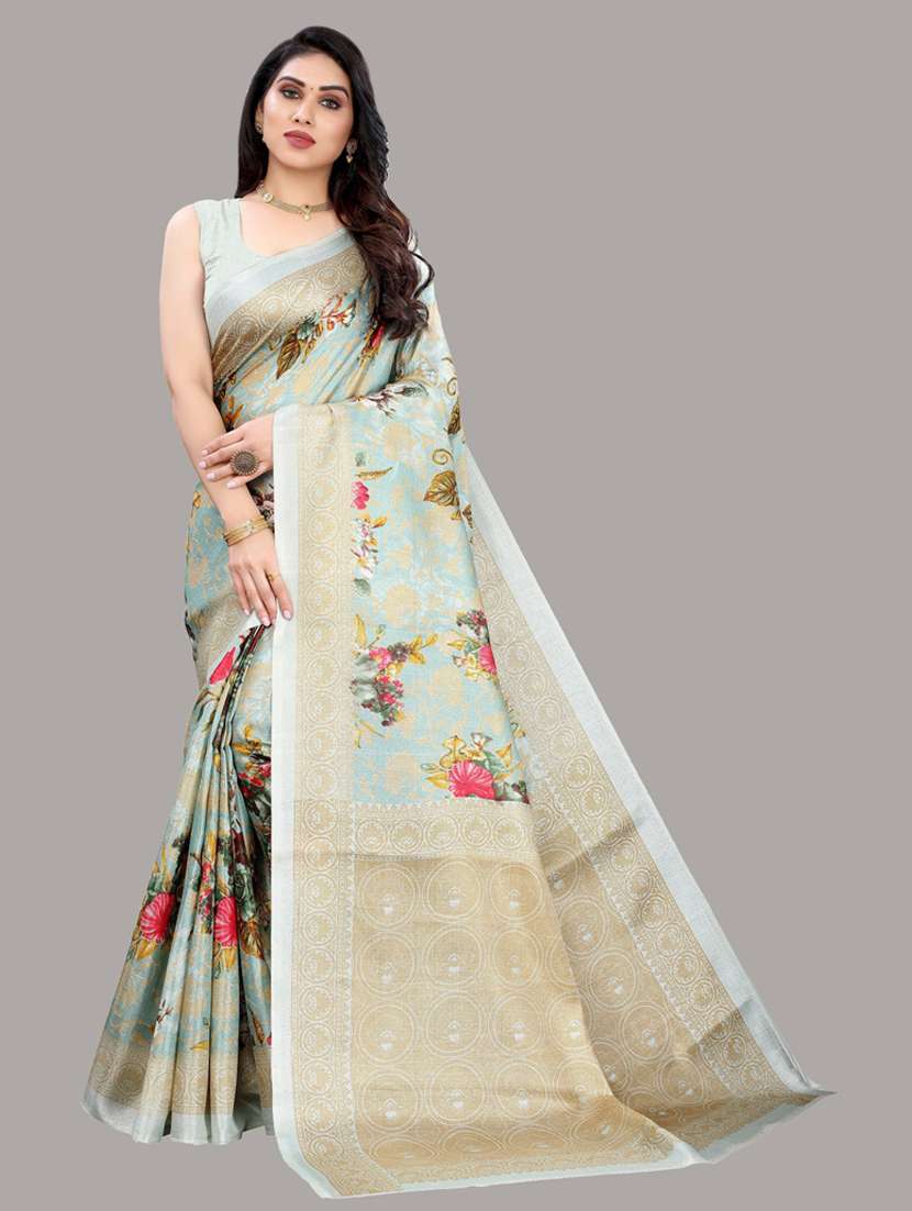 women purist blue floral printed saree with blouse