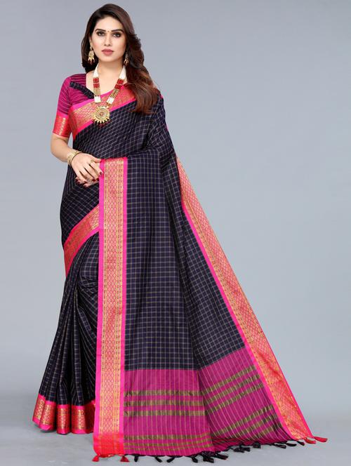 women blue checks chettinadu saree with blouse - 20874152 - Standard Image - 0