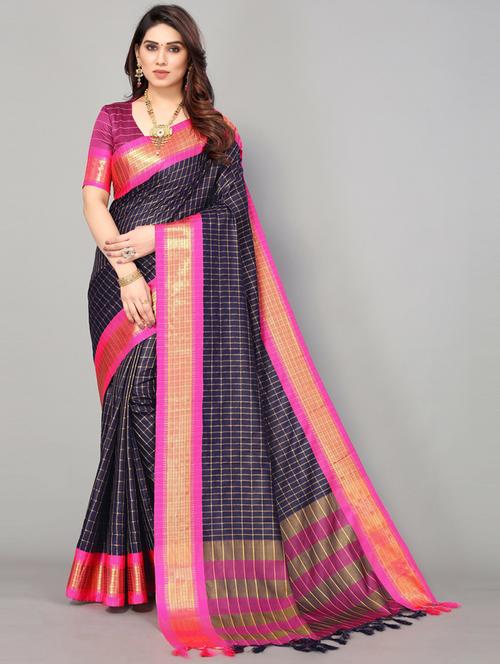 women blue checks chettinadu saree with blouse - 20874153 - Standard Image - 0