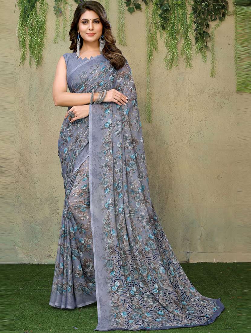 women grey floral printed saree with blouse