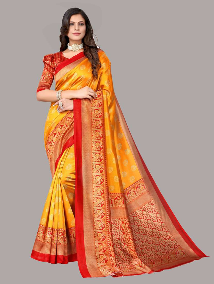 women yellow self design bordered saree with blouse