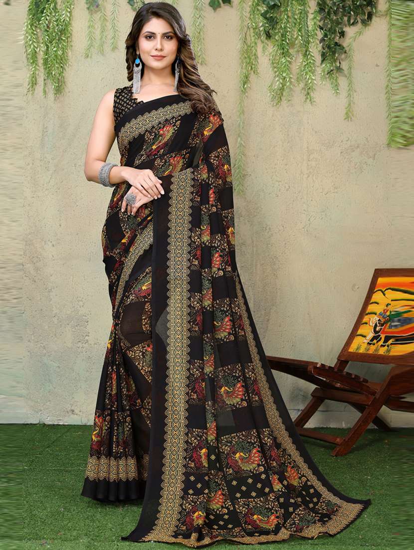women black printed georgette saree with blouse