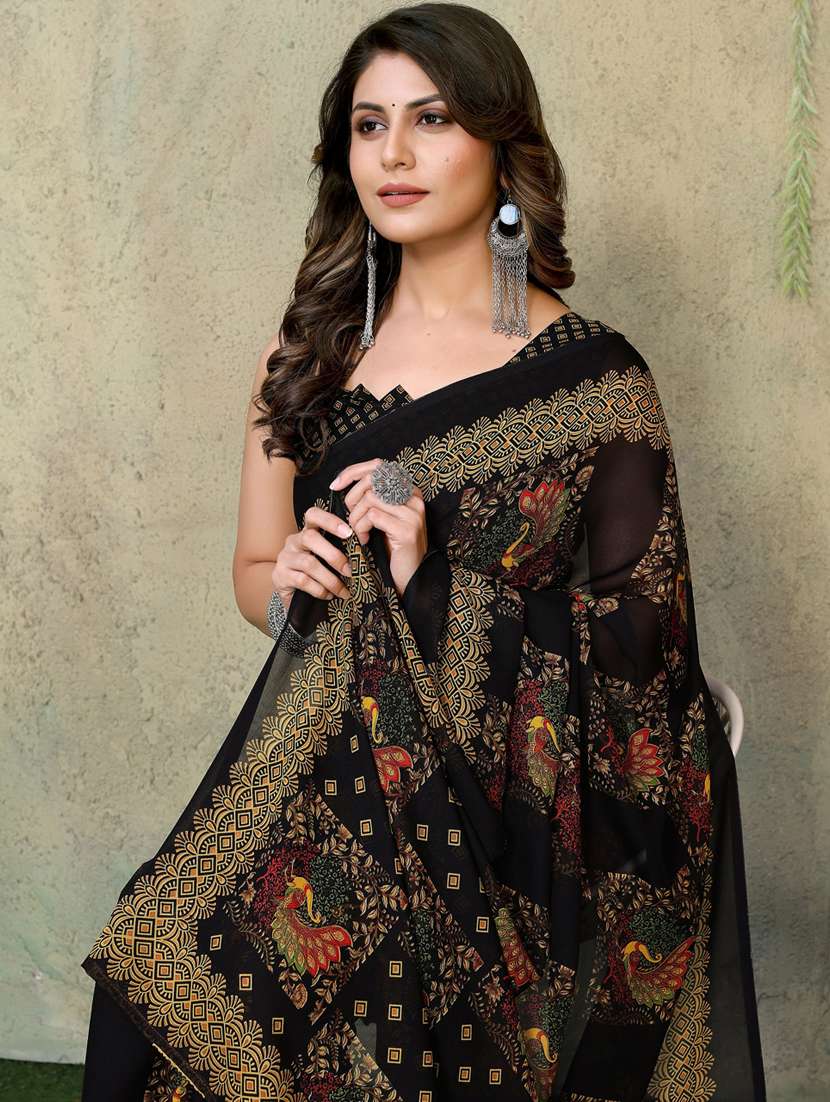 Women Black Printed Georgette Saree With Blouse - 20874217 -  Standard Image - 3