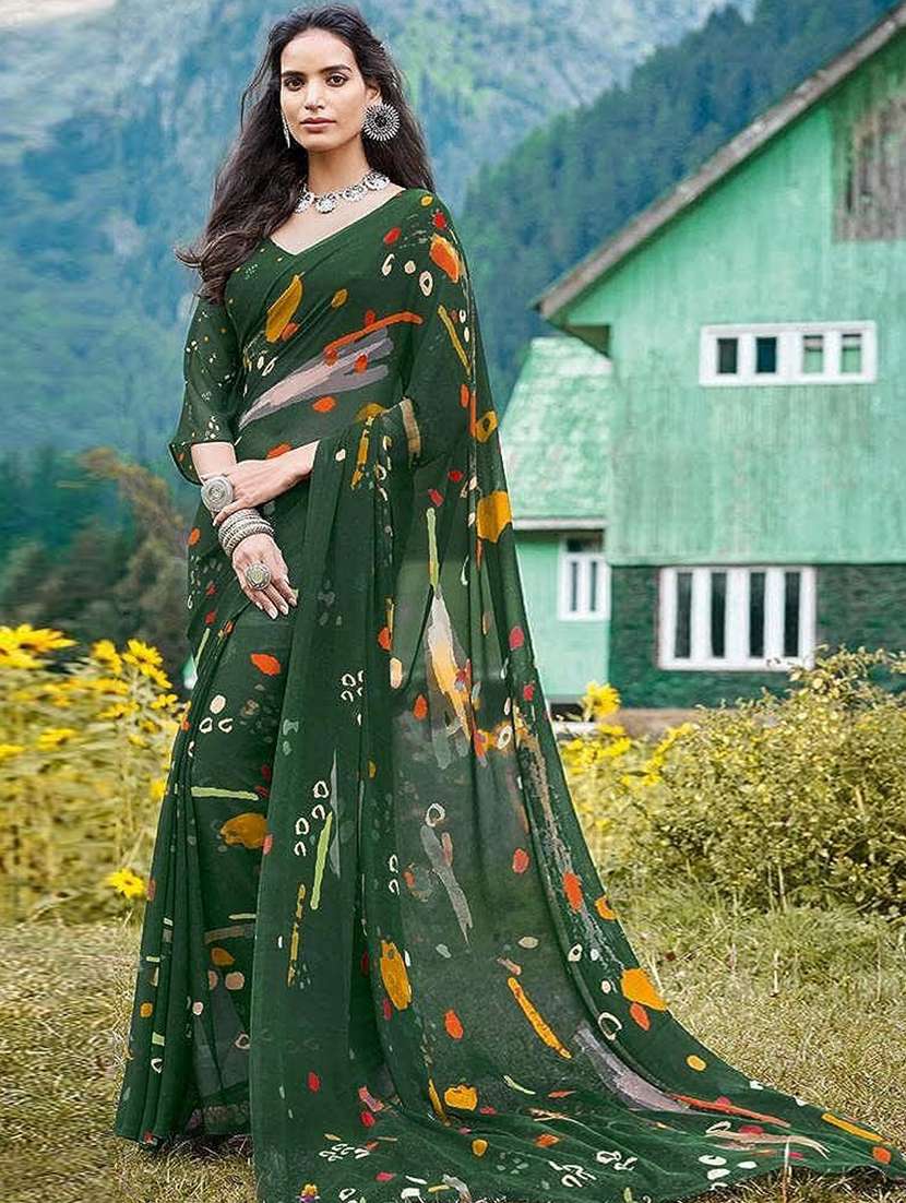 women green printed georgette saree with blouse