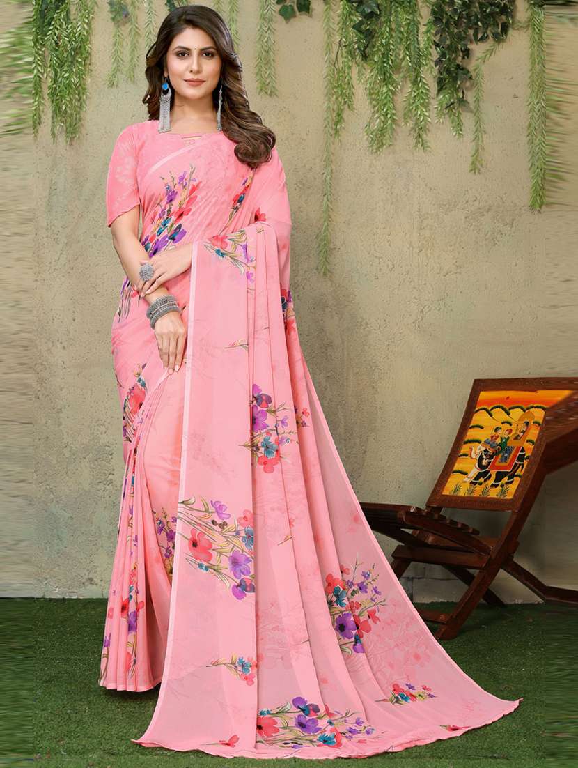 women pink floral printed saree with blouse