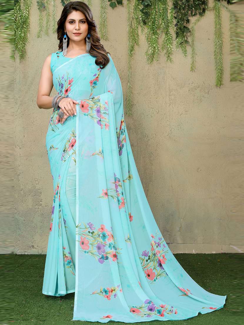 women light blue floral printed saree with blouse