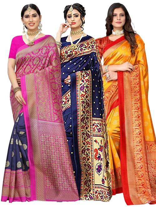 pack of 3 multi colored combo saree with blouse - 20875559 - Standard Image - 0