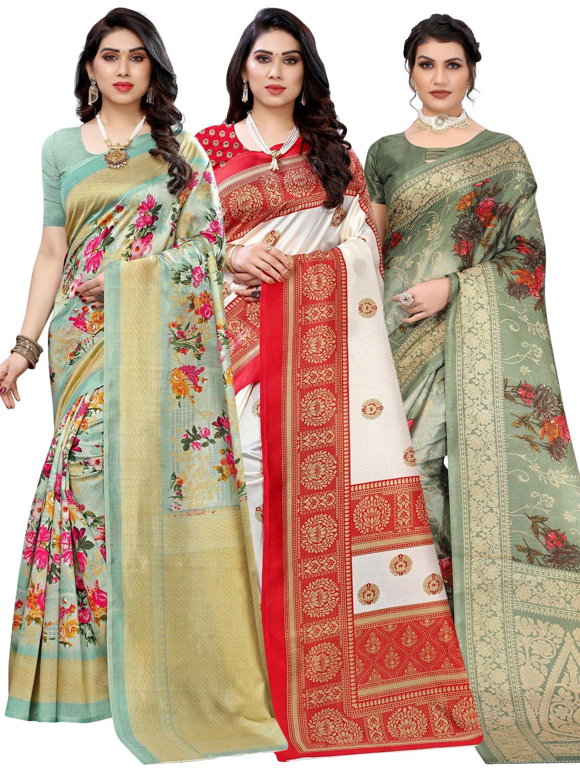 pack of 3 multi colored combo saree with blouse - 20875658 -  Zoom Image - 0
