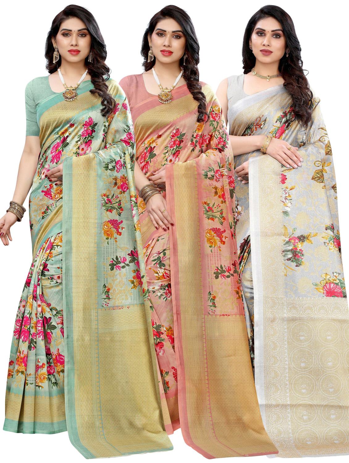 pack of 3 multi colored combos saree with blouse - 20875670 - Zoom Image - 0