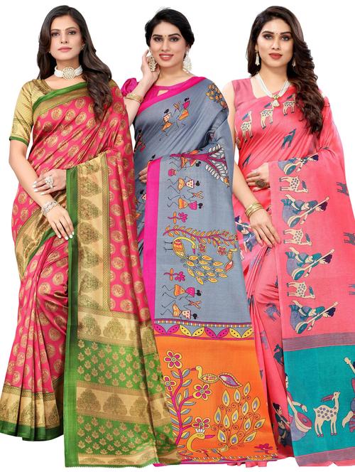 pack of 3 multi colored combo saree with blouse - 20875687 -  Standard Image - 0
