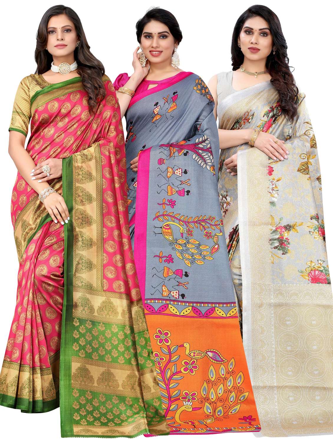 pack of 3 multi colored combo saree with blouse - 20875692 - Zoom Image - 0