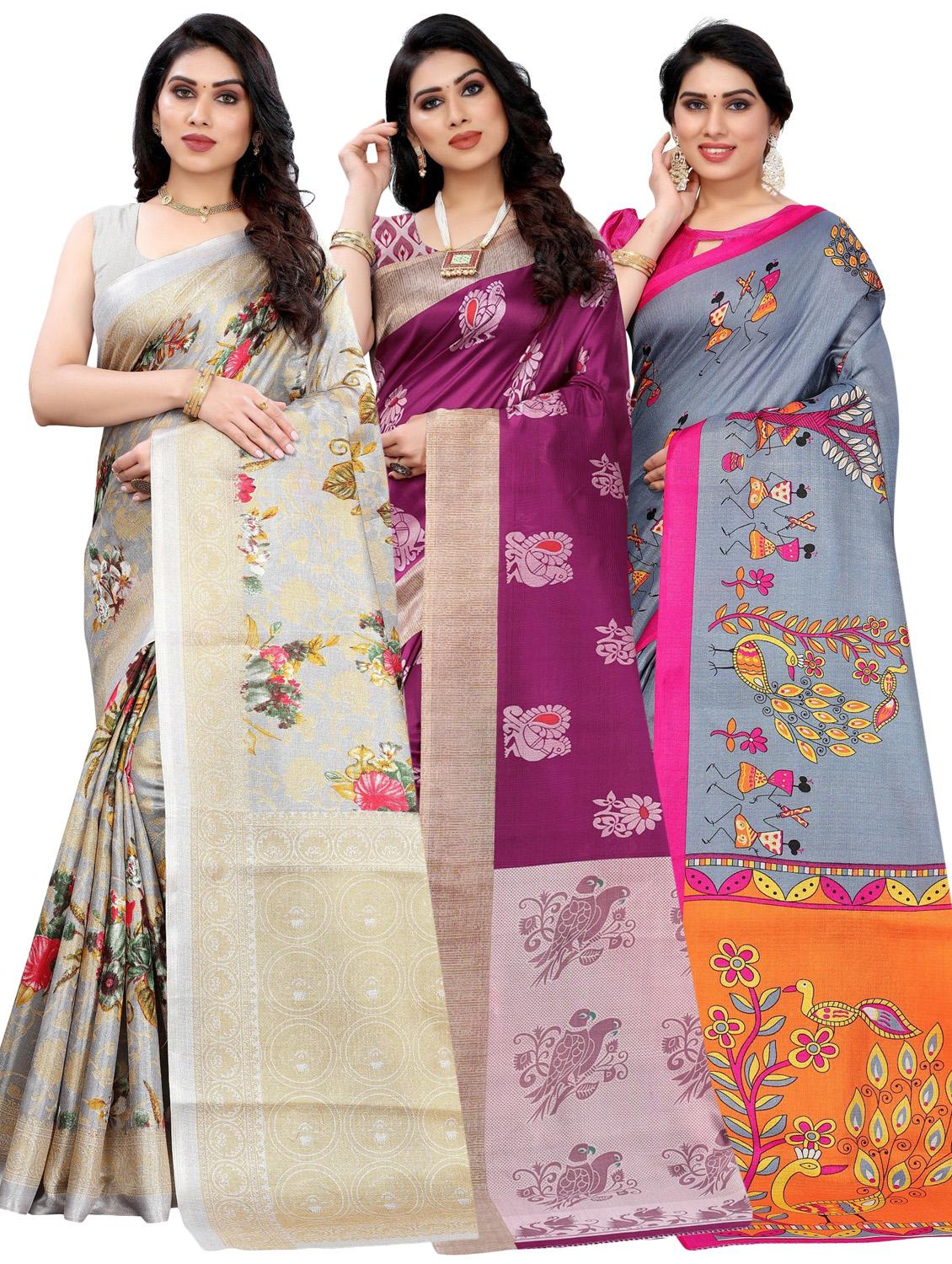 pack of 3 multi colored combo saree - 20875705 -  Zoom Image - 0