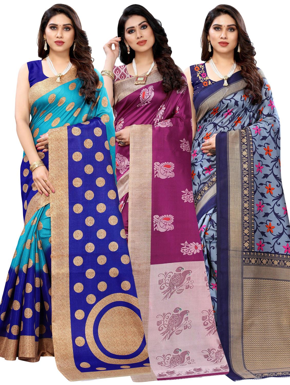 pack of 3 multi colored combo saree with blouse - 20875721 - Zoom Image - 0