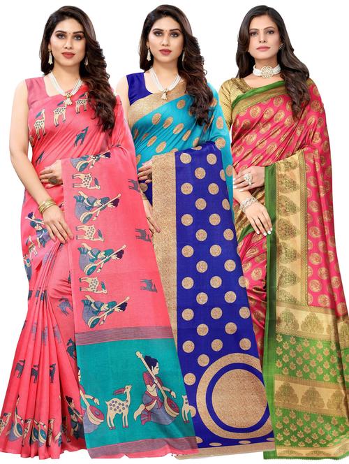 pack of 3 multi colored combo saree with blouse - 20875723 - Standard Image - 0