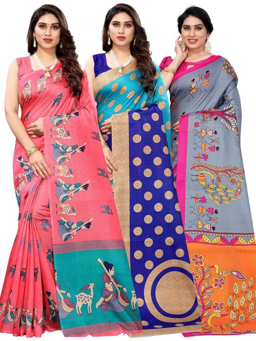 pack of 3 multi colored combo saree with blouse - 20875724 -  Standard Image - 0