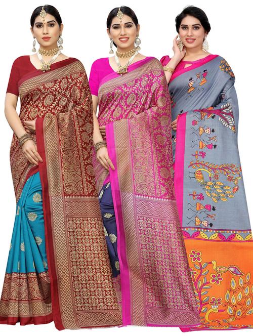 pack of 3 multi colored combo saree with blouse - 20875764 -  Standard Image - 0