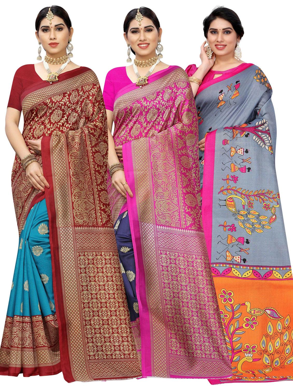 pack of 3 multi colored combo saree with blouse - 20875764 -  Zoom Image - 0