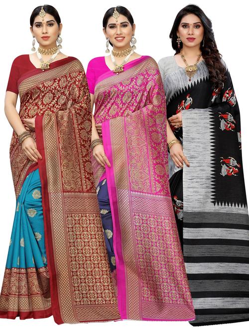 pack of 3 multi colored combo saree with blouse - 20875770 - Standard Image - 0