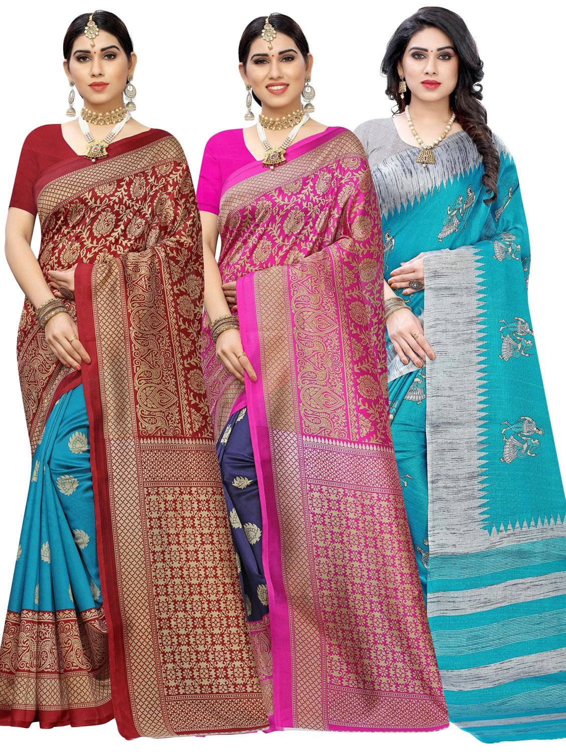 pack of 3 multi colored combo saree with blouse - 20875771 -  Zoom Image - 0