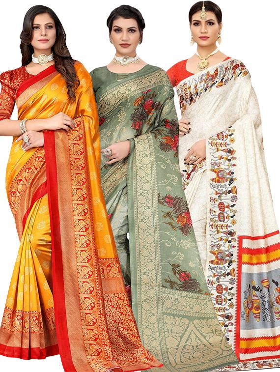 pack of 3 multi colored combos saree with blouse - 20875812 -  Zoom Image - 0