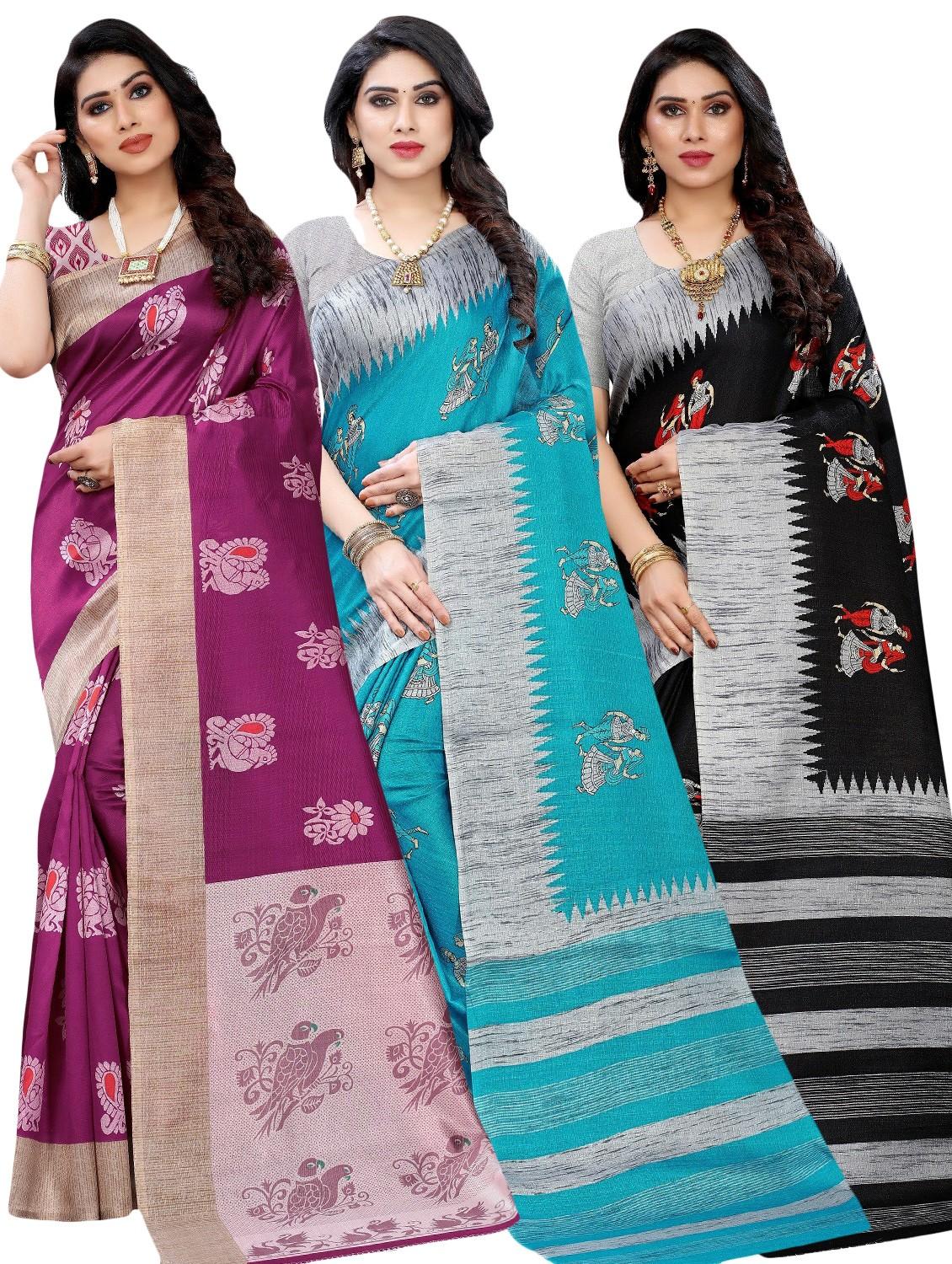 pack of 3 multi colored combo saree with blouse - 20875815 - Zoom Image - 0