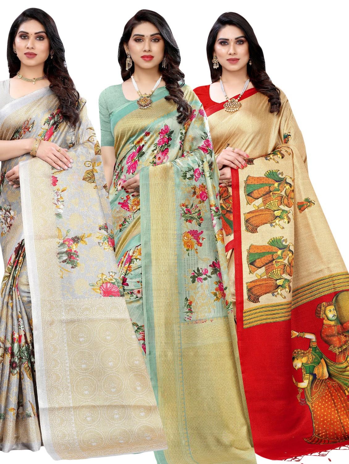 women pack of 3 printed sarees with blouse - 20875850 - Zoom Image - 0