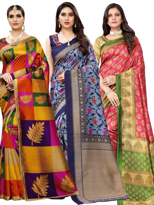 pack of 3 multi colored printed saree with blouse - 20875876 - Standard Image - 0