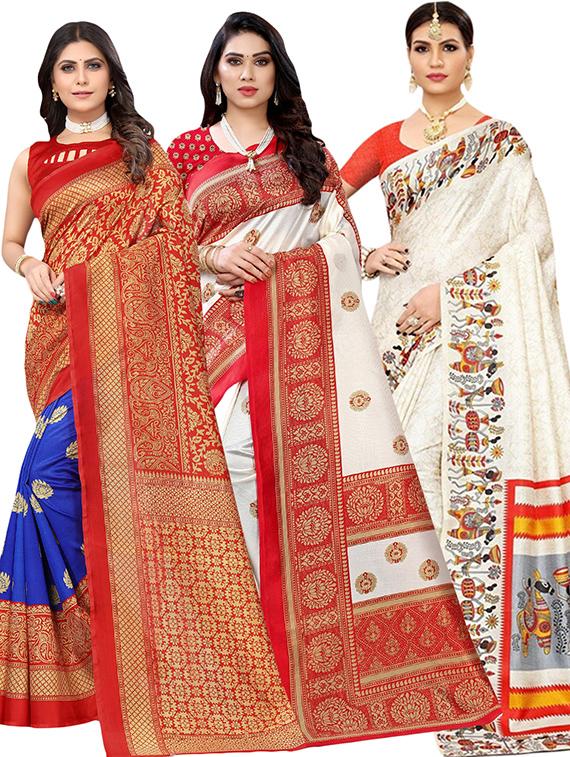 pack of 3 multi colored printed saree with blouse - 20875896 -  Zoom Image - 0