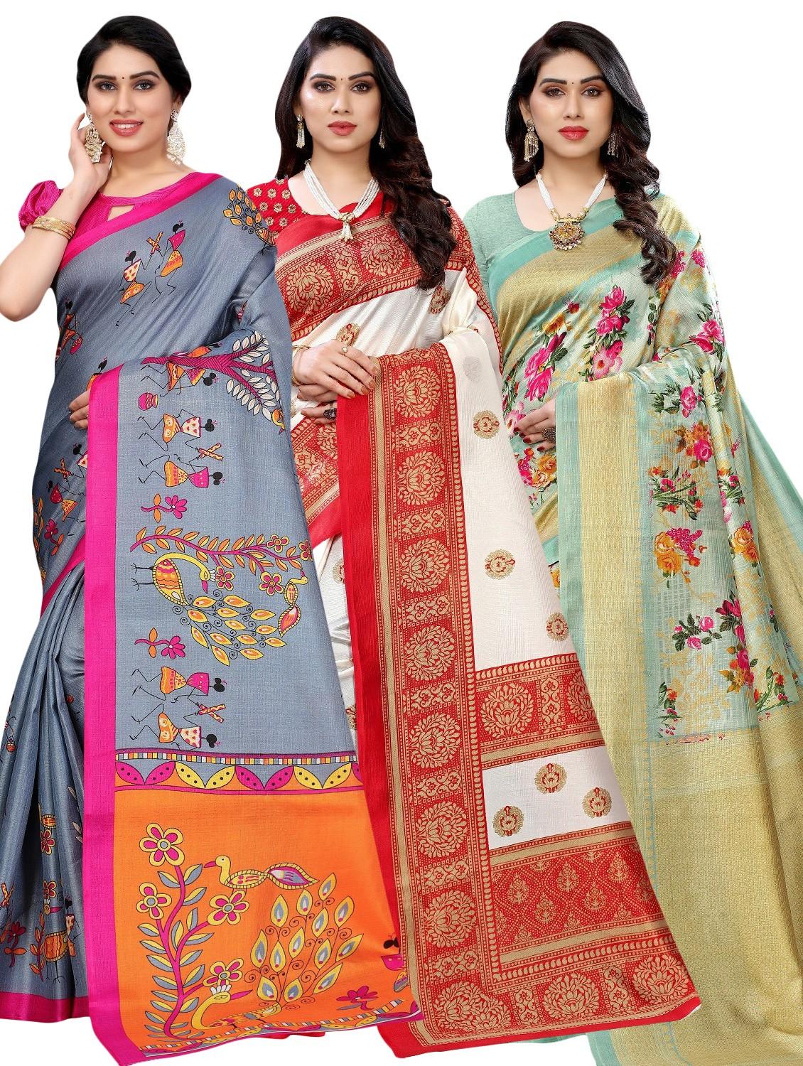 pack of 3 multi colored combo saree with blouse - 20875908 -  Zoom Image - 0