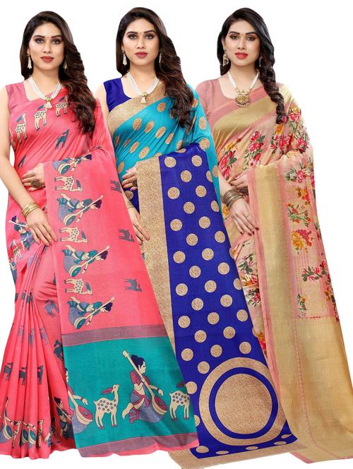pack of 3 multi colored combo saree with blouse - 20875914 -  Standard Image - 0