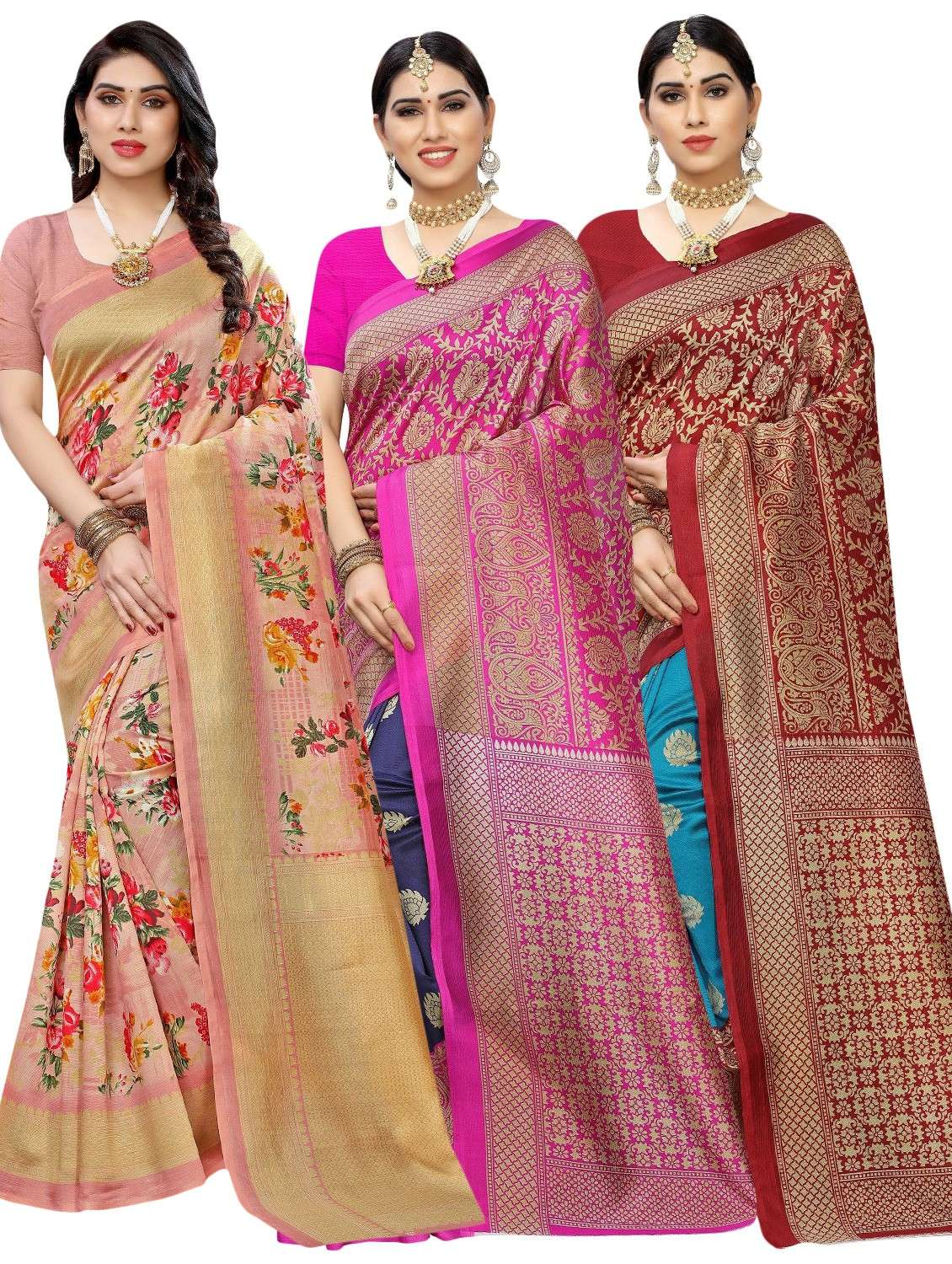 pack of 3 combo saree with blouse - 20875916 - Zoom Image - 0