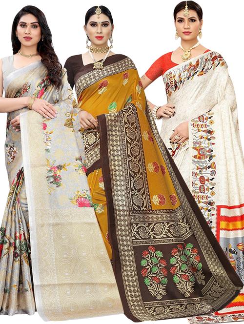 pack of 3 multi colored combo saree with blouse - 20875939 -  Standard Image - 0