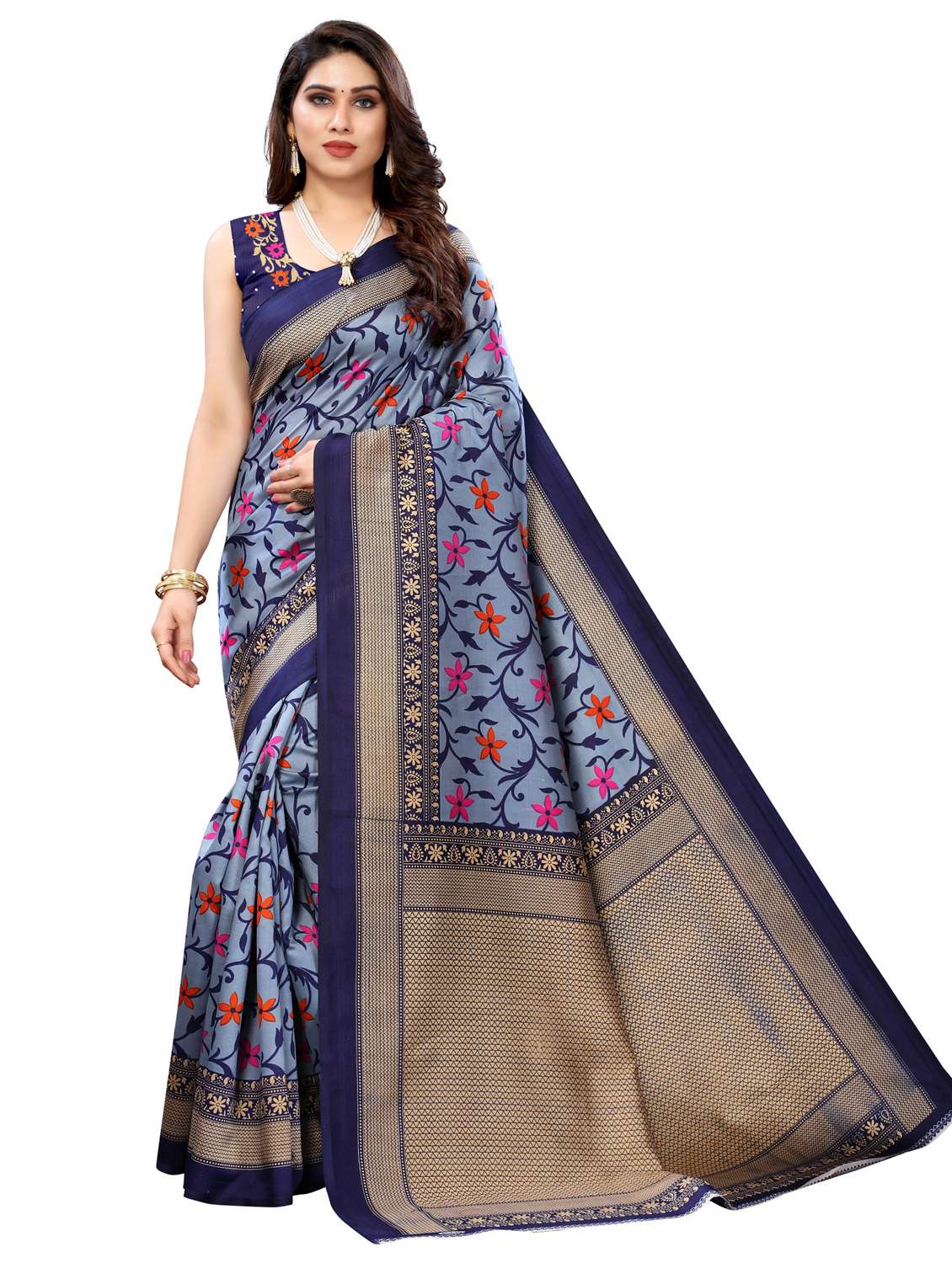 women grey floral printed bordered saree with blouse