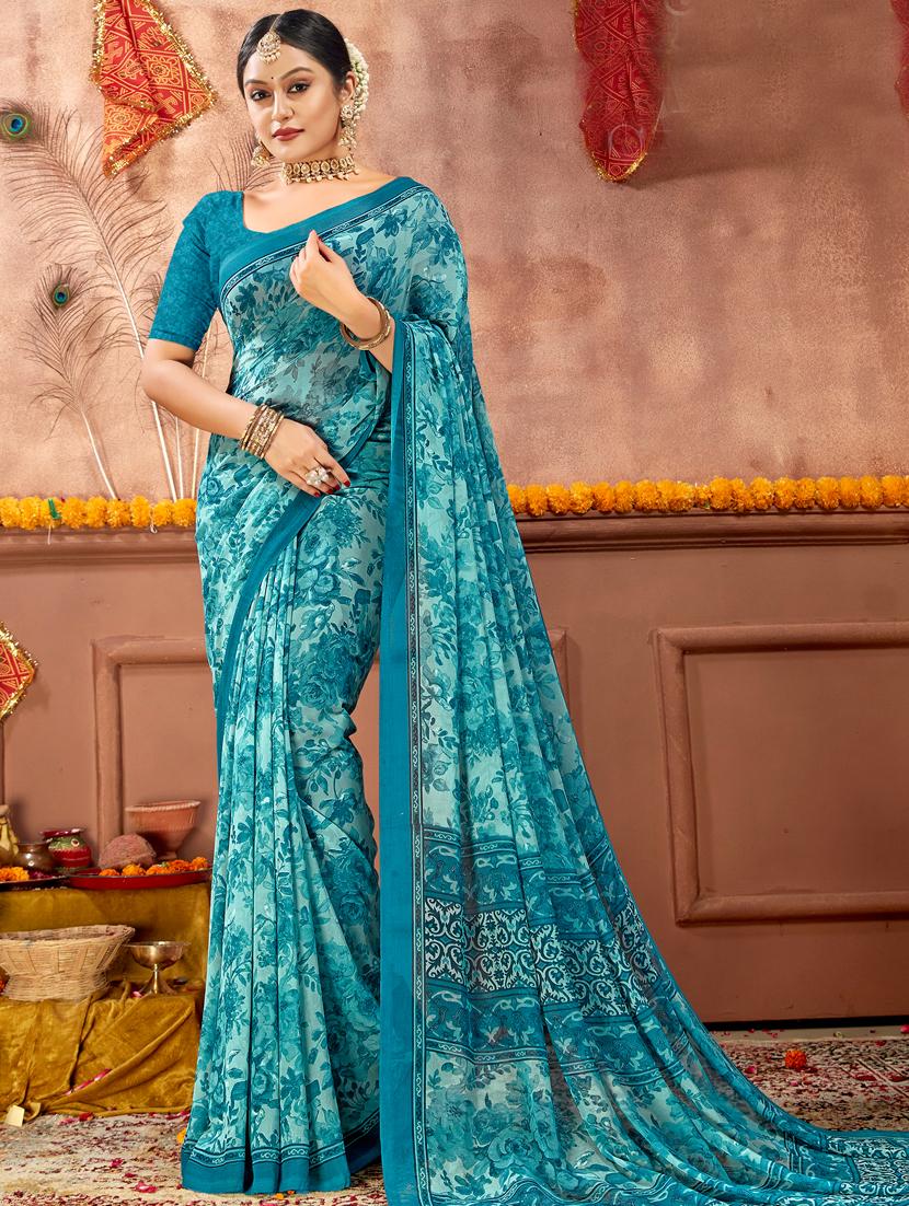 women light blue floral printed georgette saree - 20876342 - Zoom Image - 0