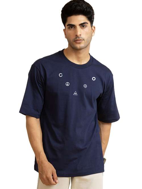 navy blue cotton blend typography print t-shirt - 20877066 - Standard Image - 0