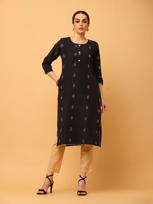 women black round neck straight kurta - 20878533 - Standard Image - 0