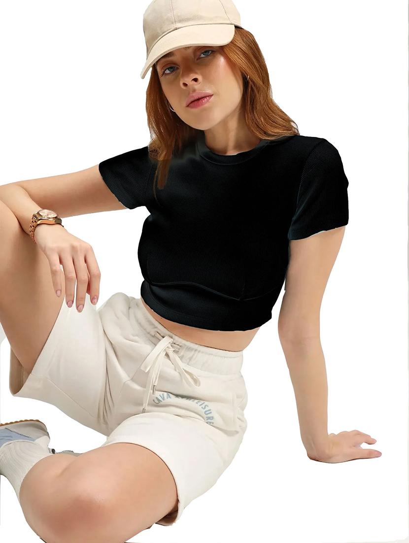 women black solid round neck crop top - 20878617 -  Zoom Image - 0