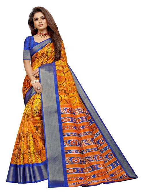 yellow cotton silk printed saree with blouse - 20878991 - Standard Image - 0