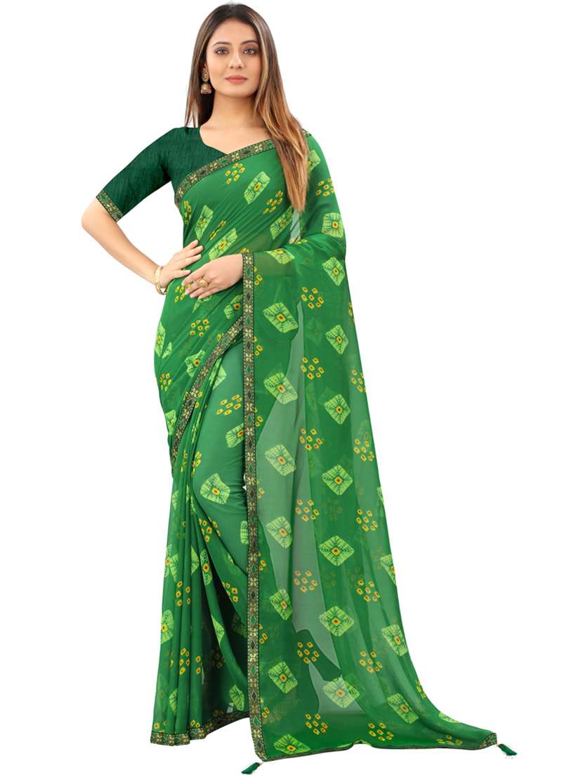 women green bandhani printed saree with blouse - 20878995 - Zoom Image - 0