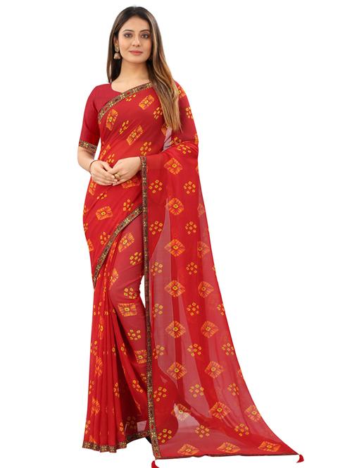 red chiffon printed saree with blouse - 20878996 - Standard Image - 0