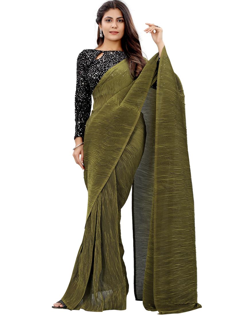 olive solid plain saree with blouse - 20879002 - Zoom Image - 0
