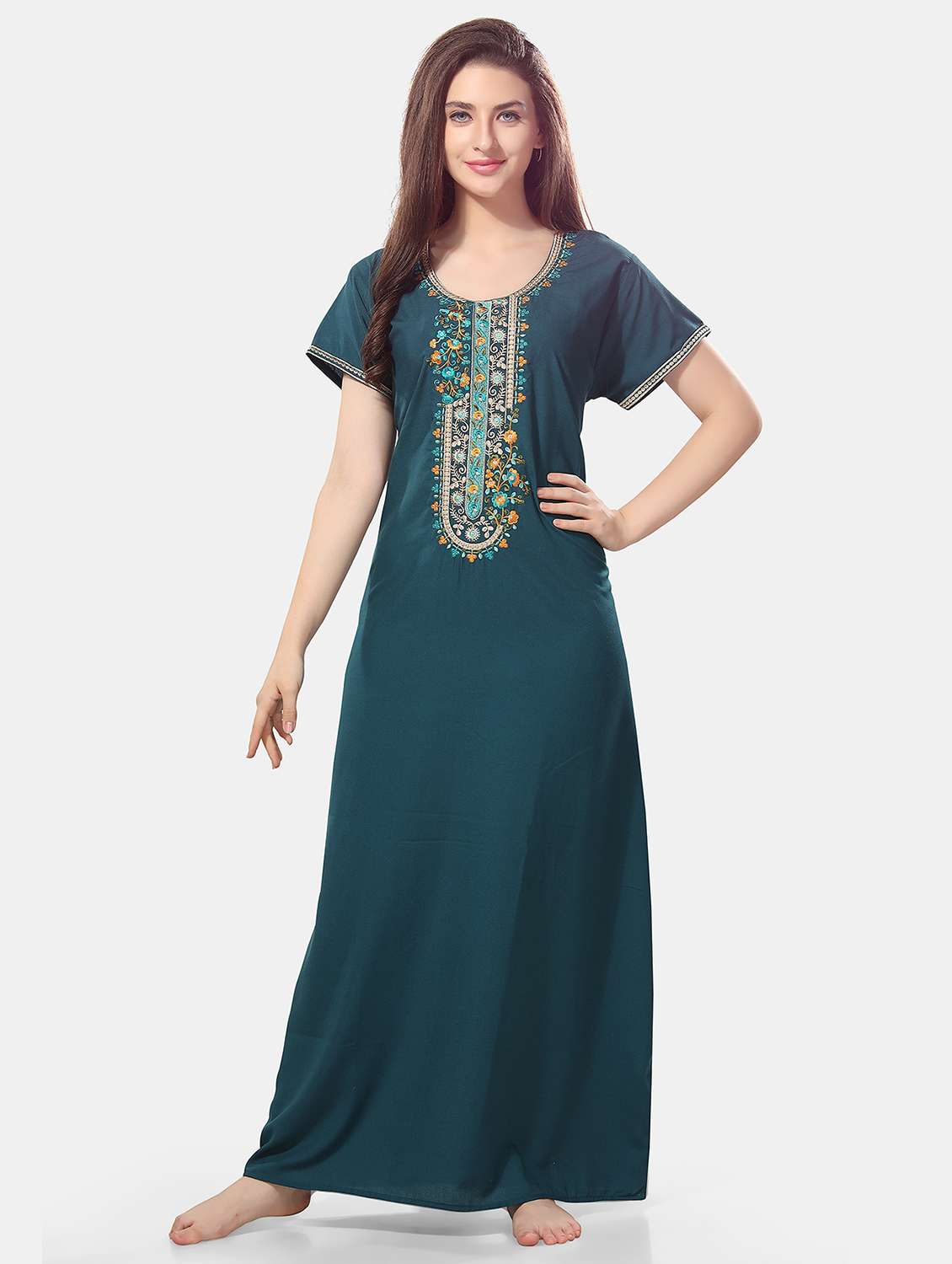 women teal round neck nighties