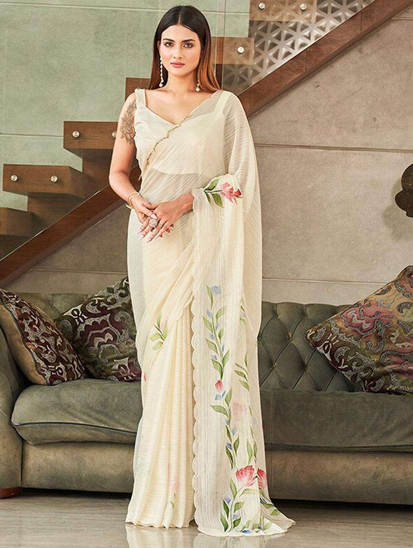 women off white floral printed saree with blouse