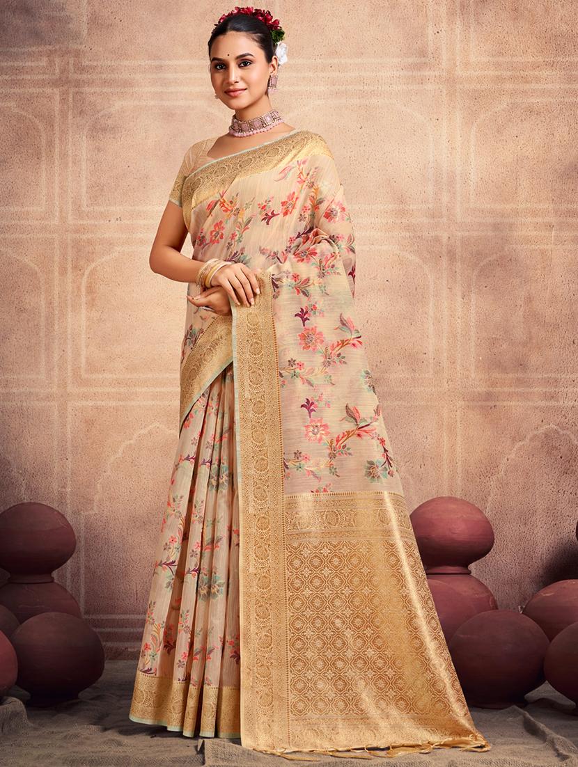 women beige floral print zari bordered saree with blouse - 20879555 - Zoom Image - 0