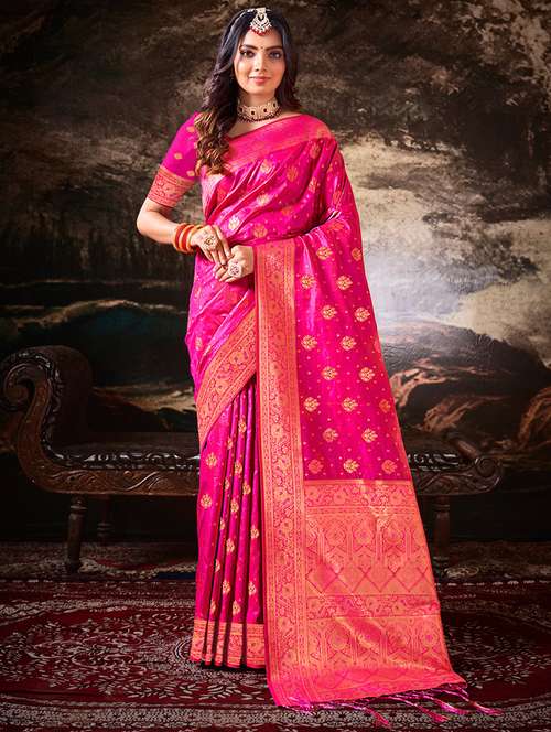 pink self design banarasi saree with blouse - 20879591 - Standard Image - 0