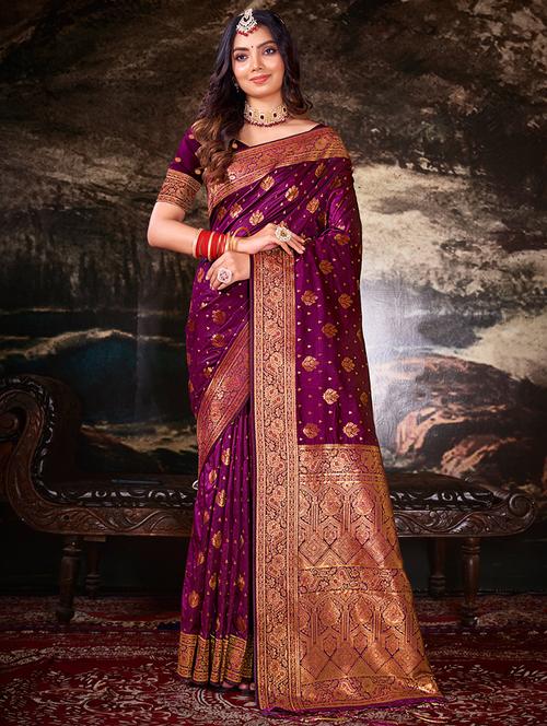 purple self design banarasi saree with blouse - 20879592 -  Standard Image - 0