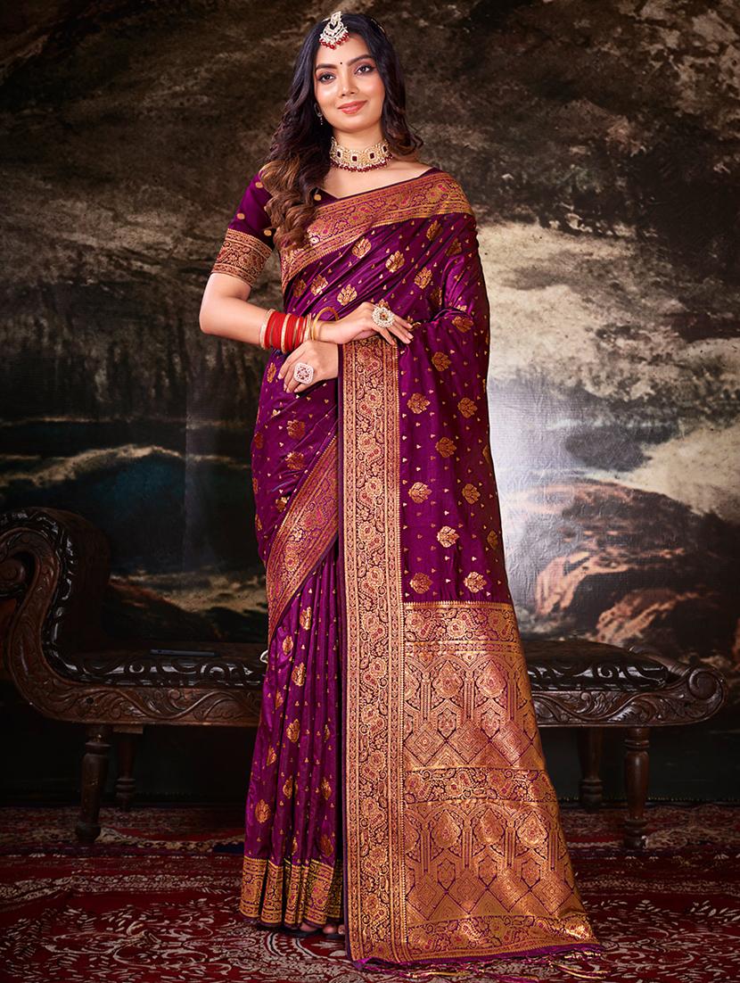 purple self design banarasi saree with blouse - 20879592 -  Zoom Image - 0